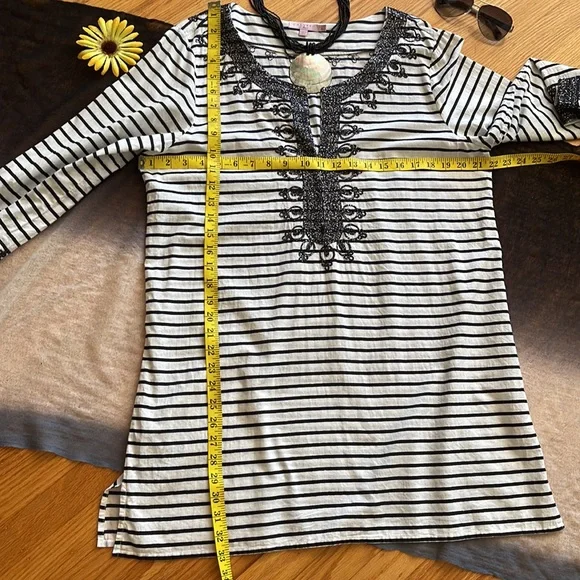 🌺 CALYPSO ST. BARTH; Luxury, Embroidered, Black/White Striped Beach Cover-Up L! - Picture 6 of 12